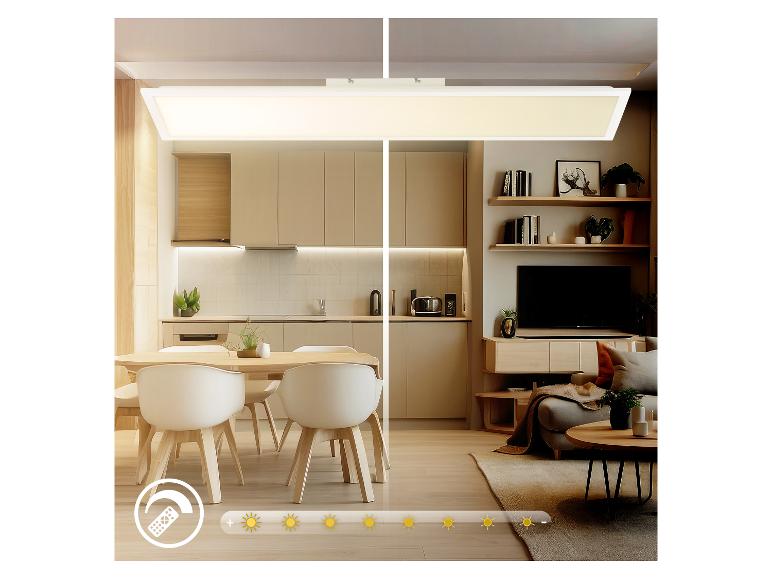 Plafonnier à luminosité réglable dans une cuisine et un salon modernes.