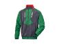 Veste verte et gris foncé avec col rouge et texte blanc sur la poitrine.