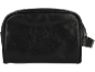 Trousse de toilette noire avec finition texturée et poignée latérale.