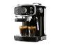 Machine à café avec deux tasses d'espresso, noire avec des détails chromés.