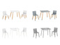 Quatre chaises d'enfant et deux tables en blanc et gris avec des pieds en bois.