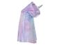 Une cape arc-en-ciel rose et bleue avec une capuche en forme de licorne.