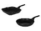 Deux poêles noires, une poêle à griller et une poêle à frire, sur fond blanc.