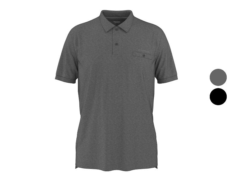 Polo gris foncé avec poche poitrine et boutons, avec options de couleur grise et noire.