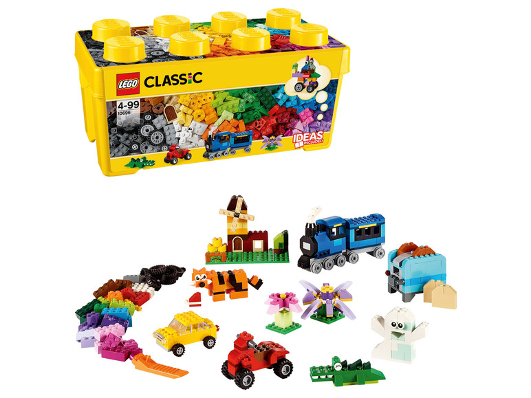 Boîte LEGO Classic avec des briques LEGO colorées et des idées de construction, notamment un train et une voiture.