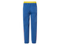 Pantalon de survêtement bleu avec une ceinture jaune et des bandes rouges.