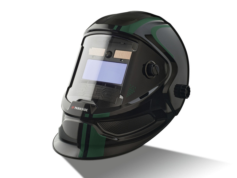 Un masque de soudage Parkside noir avec un accent vert.