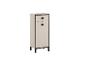 Commode étroite beige avec deux tiroirs et une armoire, poignées et pieds noirs.