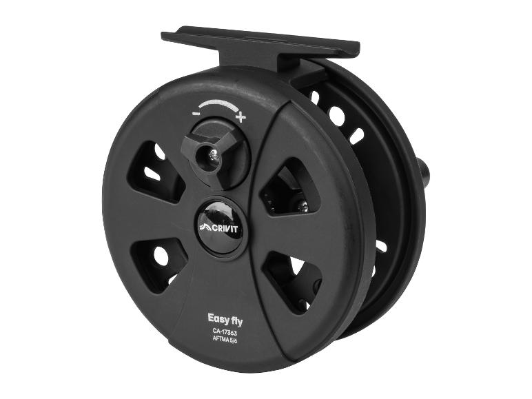 Moulinet de pêche à la mouche noir avec l'inscription 'Easy fly' et 'AFTMA 5/6'