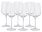 Lot de six verres à vin transparents sur fond blanc.