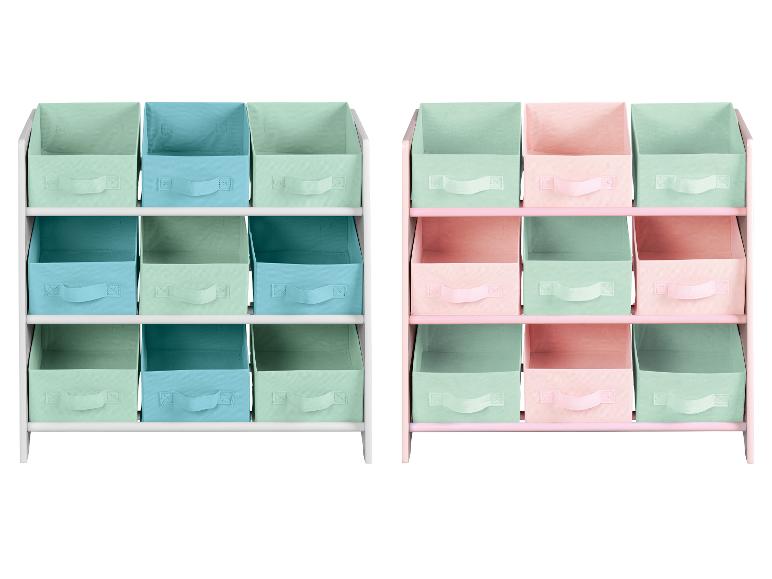 Deux unités de rangement de jouets avec des bacs en tissu colorés, l'une bleu/vert, l'autre rose/vert.