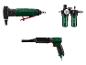 Trois outils Parkside verts : une fraiseuse pneumatique, un filtre à air et un marteau pneumatique.