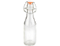 Bouteille en verre transparent avec bouchon mécanique et joint en caoutchouc orange.