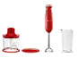 Ensemble mixeur plongeant rouge avec un hachoir et un verre doseur.
