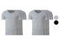Trois t-shirts gris à col en V pour hommes.