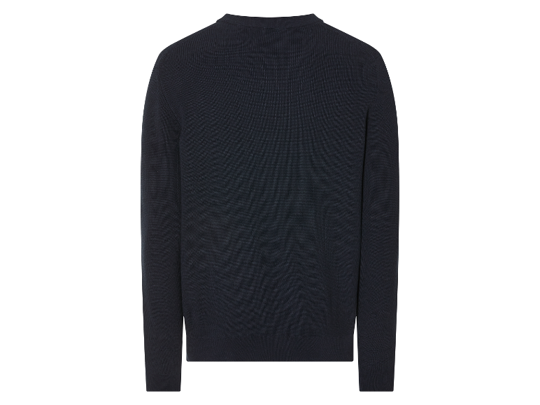 Un pull bleu marine en tricot, col rond.