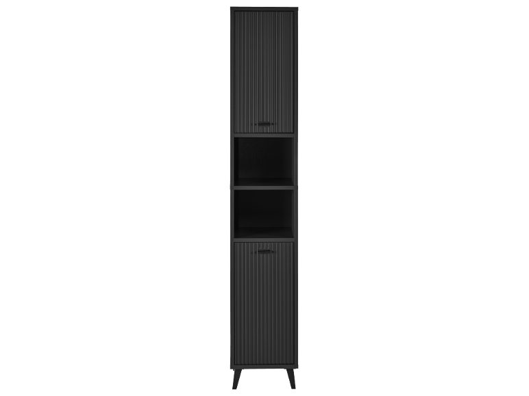 Meuble de salle de bain haut et étroit noir avec portes cannelées et étagères ouvertes.