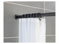Une barre de douche noire avec des rideaux blancs.