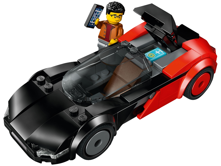 Voiture de sport jouet avec coffre ouvert et une figurine tenant un téléphone portable.