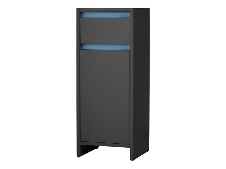 Une armoire noire avec un accent bleu.