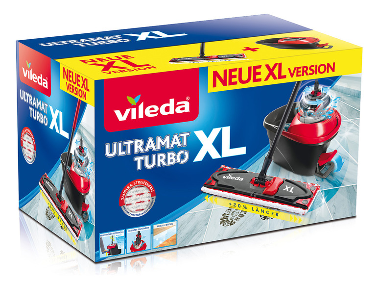 Vileda Ultramat Turbo XL, serpillière avec seau et lingette extra longue.