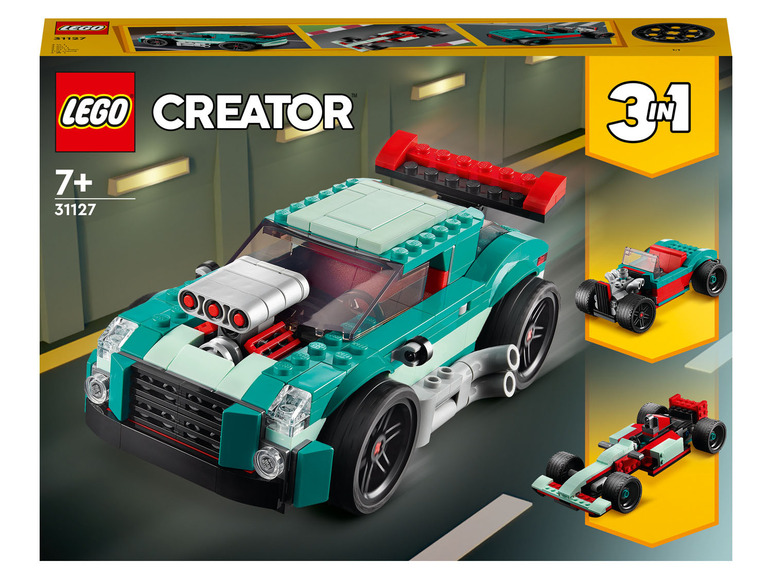 Ensemble LEGO Creator 3 en 1 avec une voiture de sport verte, un hot rod rouge et une voiture de Formule 1.