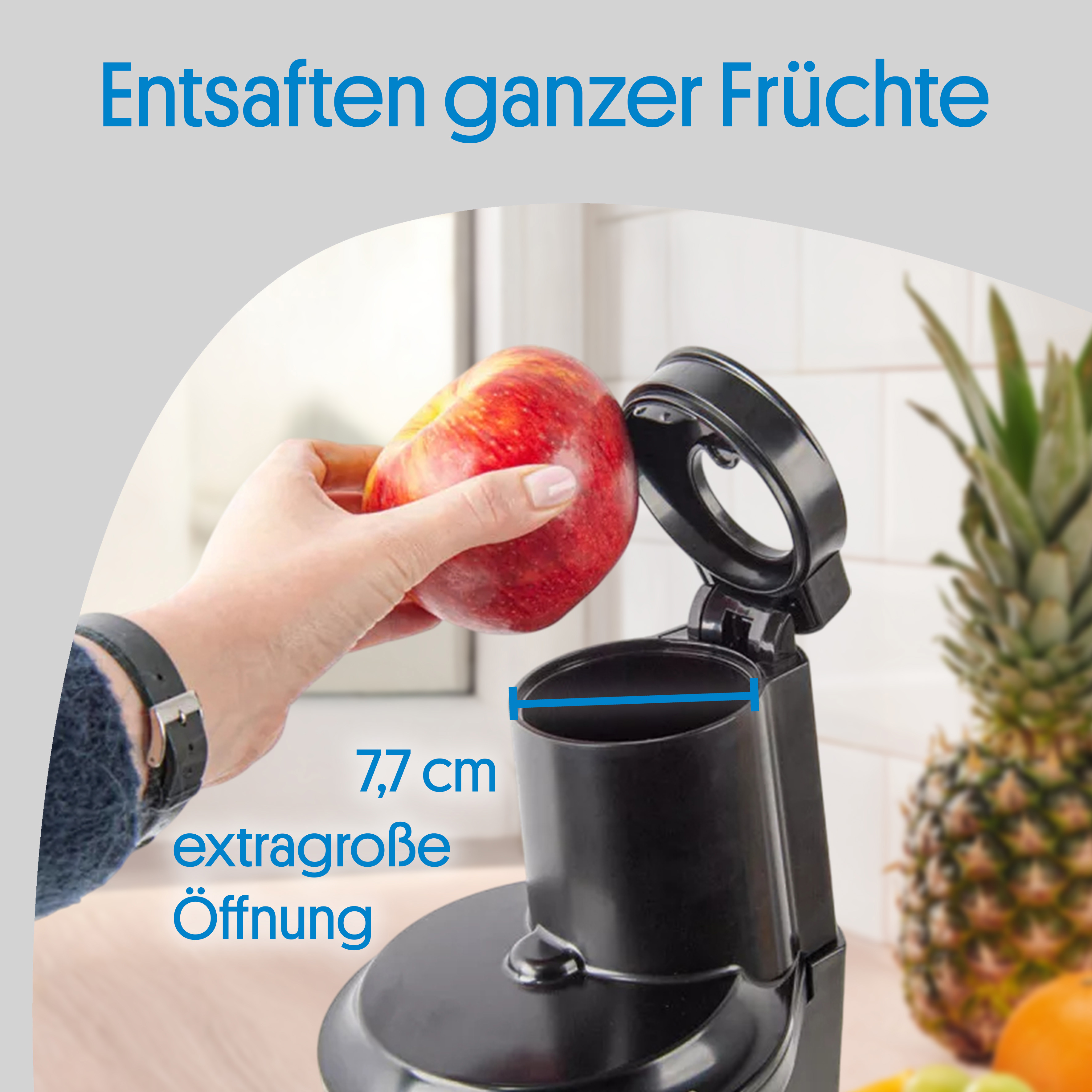 Extraction de jus de fruits entiers grâce à une ouverture extra-large de 7,7 cm.