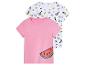 Deux t-shirts pour filles, un rose uni avec pastèque, l'autre blanc à motifs fruités d'été.