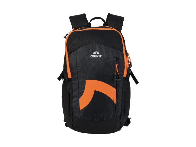 Sac à dos Crivit noir et orange avec fermetures éclair et bretelles réglables.