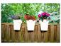 Trois jardinières blanches avec des fleurs colorées suspendues à une clôture en bois.