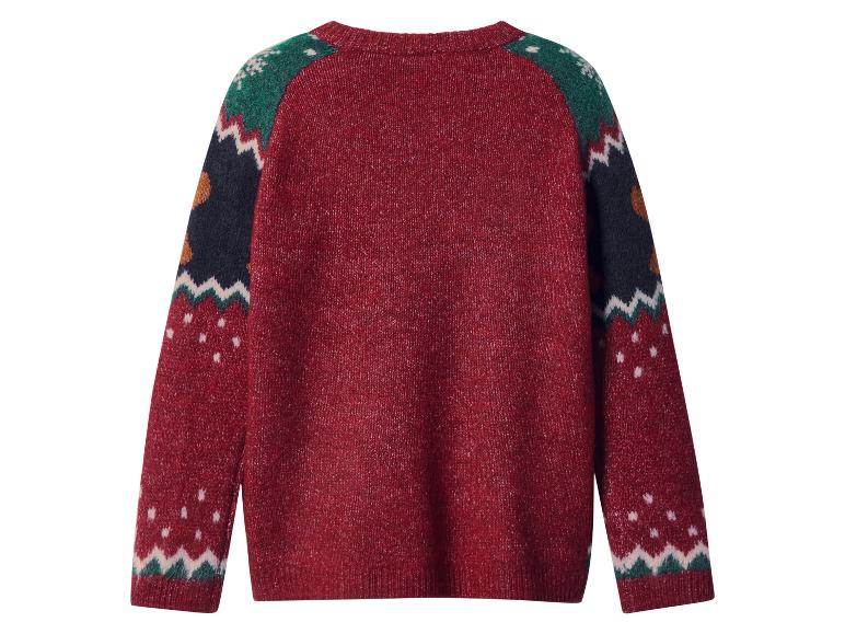 Dos d'un pull de Noël rouge avec des motifs fair isle verts, blancs et bleu foncé.