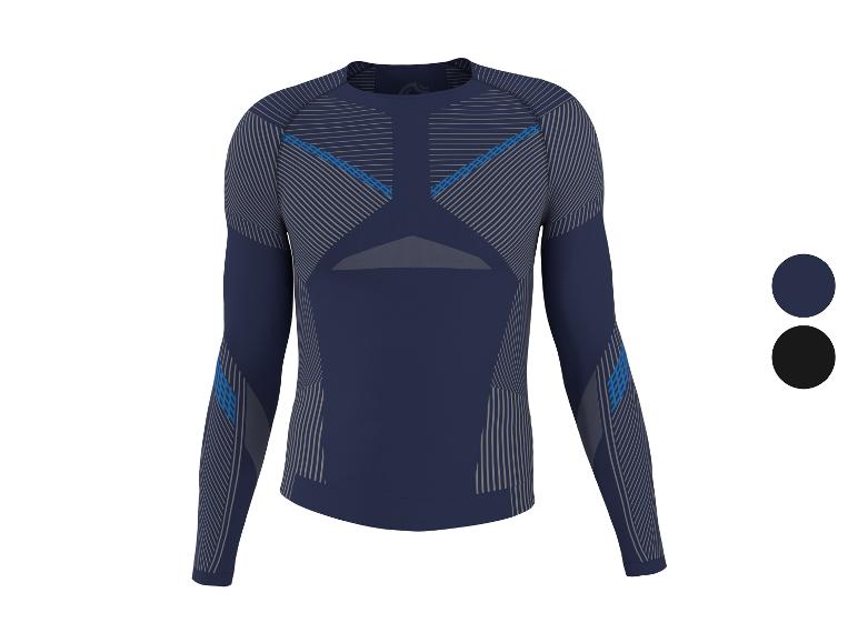 Maillot de sport à manches longues bleu foncé avec rayures grises et accents bleus.
