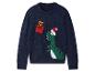Pull de Noël bleu foncé avec un dinosaure portant un bonnet de Père Noël et un renne avec un cadeau.