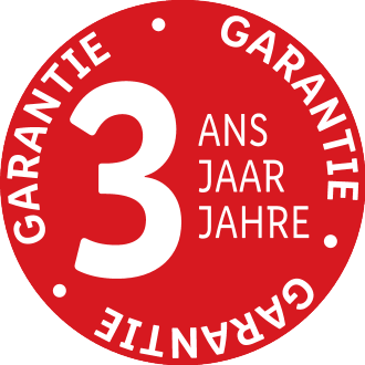 Sceau rouge avec « 3 ans de garantie » en français, néerlandais et allemand.