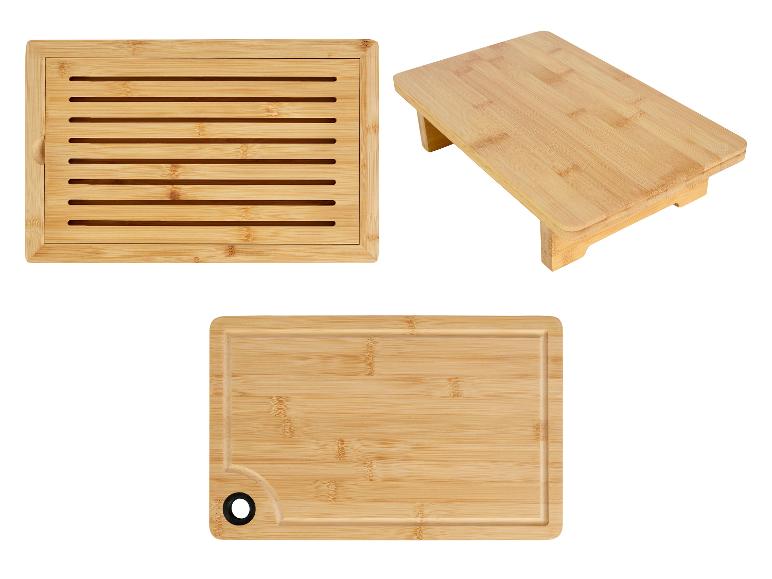 Planches à découper et range-couteaux en bambou : grande planche, petite planche et range-couteaux.