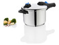 Une cocotte-minute en acier inoxydable avec une poignée noire et des boutons bleus.