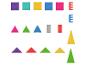 Ensemble de pièces de construction magnétiques colorées, incluant des carrés, des triangles et des lettres.