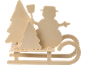 Décoration de Noël en bois avec traîneau, bonhomme de neige et sapins.
