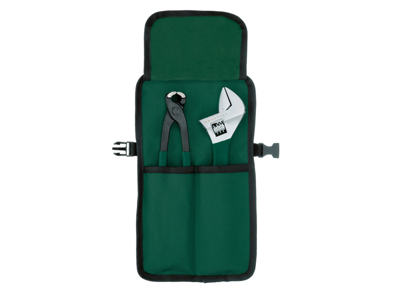 Une sacoche d'outils verte avec une pince et une clé à molette.