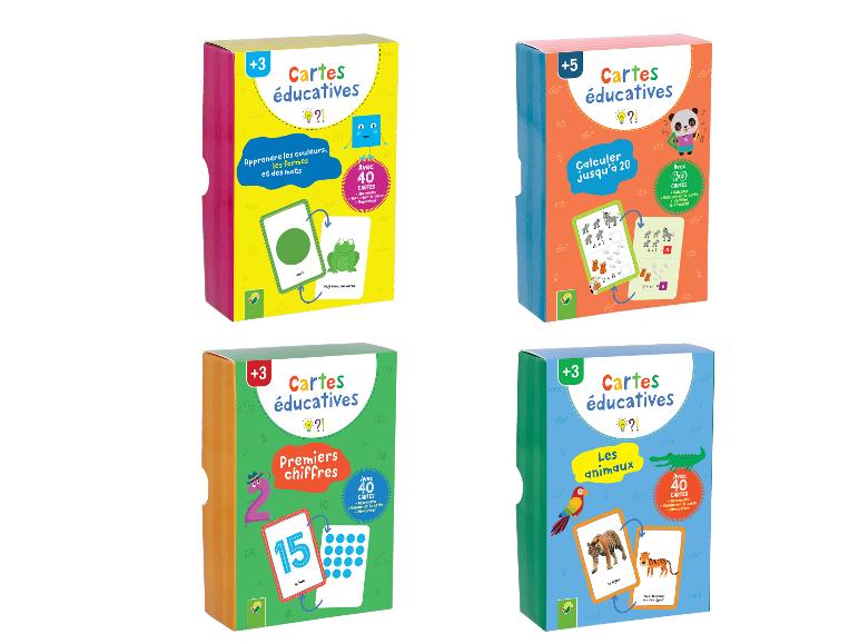 Quatre jeux de cartes éducatives pour enfants : couleurs, calcul, chiffres et animaux.
