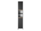 Une armoire haute et étroite, gris foncé, avec des accents en bois.