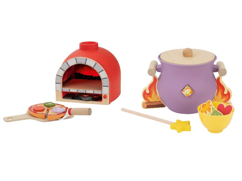 Ensemble de jeu en bois avec four à pizza et marmite à soupe, avec accessoires.