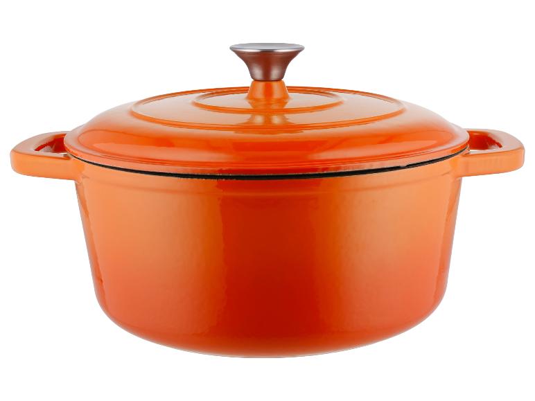 Cocotte en fonte orange avec couvercle.
