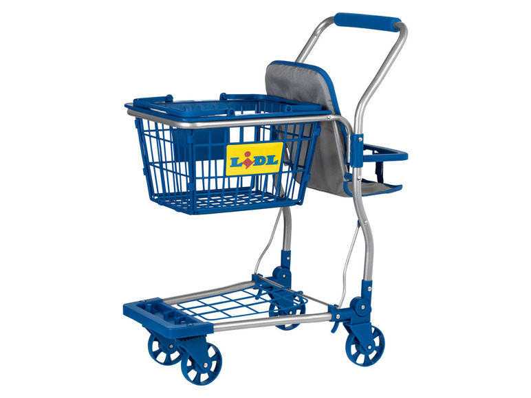 Un chariot de courses bleu avec le logo Lidl et un siège.