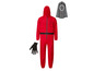 Une combinaison rouge, une cagoule en maille noire et des gants noirs.