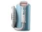 Défroisseur vapeur bleu clair avec tuyau blanc et brosse à poils rouges