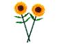 Deux tournesols LEGO jaunes avec des tiges et des feuilles vertes.