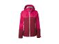 Veste d'extérieur bicolore rose et bordeaux pour femme avec capuche et fermeture éclair blanche.