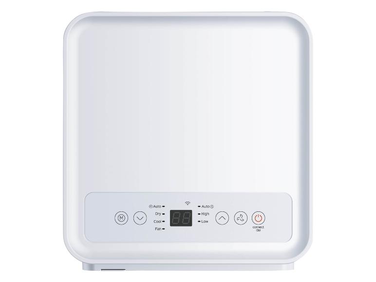 Déshumidificateur blanc avec affichage numérique et boutons de commande pour modes et vitesses.