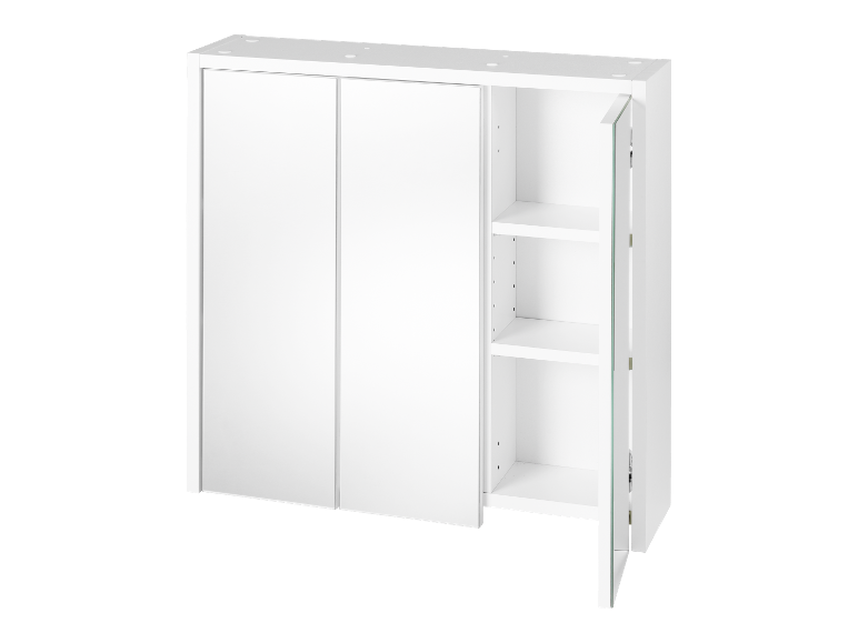 Armoire de salle de bain blanche avec miroir et étagères.